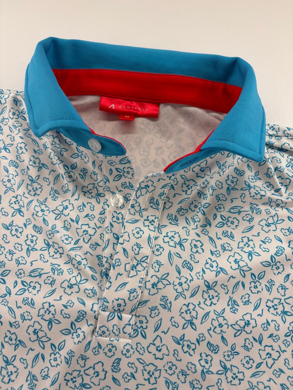 Redvanly Men's M Golf Polo Blue Floral Print Colorblock Collar EUC